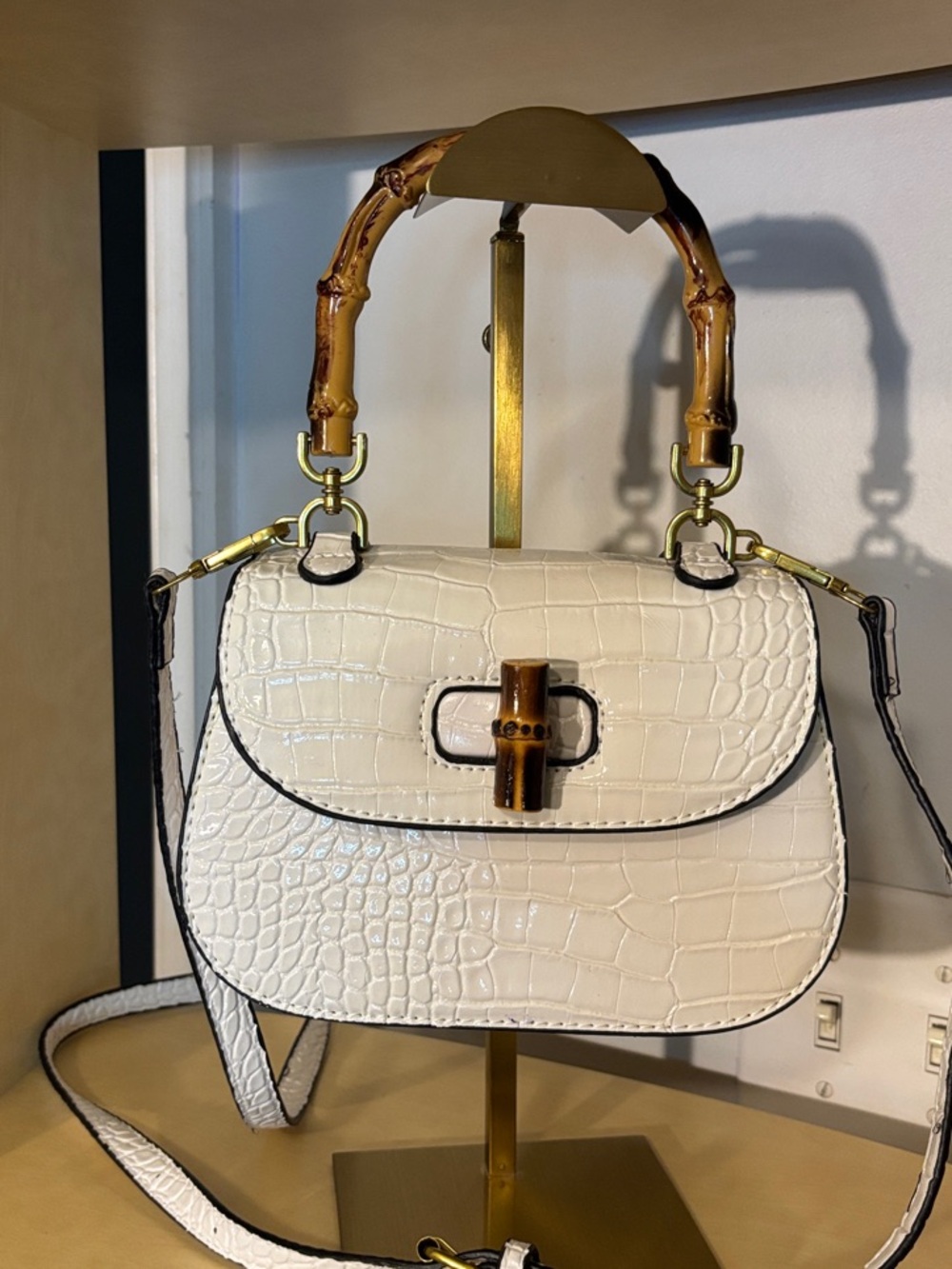 White Croc-Embossed Satchel with Bamboo Handle